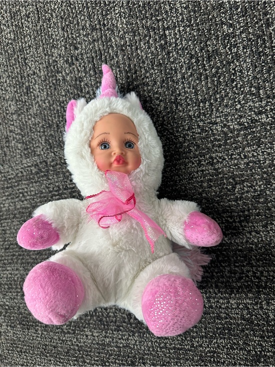 Megatoys Other - Megatoys Unicorn Baby Doll 10in Plush Soft Body Blue Eyes White Pink Hood